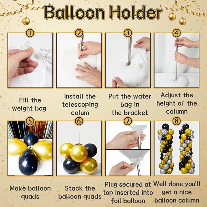 Fineclutter Balloon Column Kit Set 2 Tower Stand, Birthday Party Decoration Gold Black Silver Balloons 150PCS