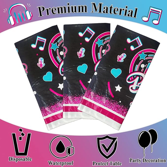3 Pieces Music Party Tablecloth Happy Birthday Table Cover Decoration Music Note Social Media Themed Party Supplies Favor Disposable Plastic Tablecloth
