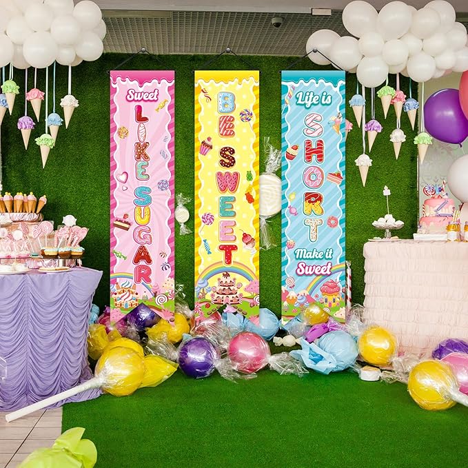 3 Pcs Candyland Party Decorations Sweet Candy Banners Donut Lollipop Porch Sign Candy Land Hanging Flags Photo Props Backdrop Supplies for Outdoor Door Wall Yard Birthday Baby Shower