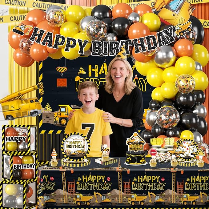 287Pcs Construction Birthday Party Supplies, 25 Construction Theme Tableware, All-in-1 Pack Includes Backdrop Tablecloth Balloon Boxes Balloon Kit for Construction Birthday Decorations