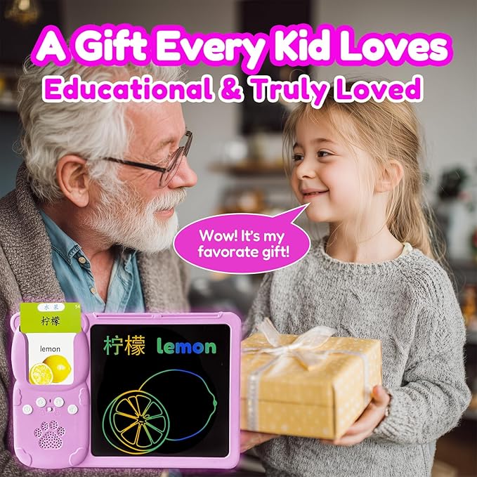 Drawing Tablet with Bilingual Flashcards for Kids - Chinese English Talking Flash Cards, LCD Writing Pad Board, Pocket Speech for Toddlers, Learning Toy Gift for Boys Girls (Chinese, Pink)
