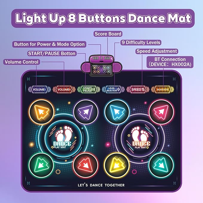 Dance Mat with Music and Lights for Kids, Light-Up 2-Player Interactive Musical Dance Play Mat with Bluetooth, Anti-Slip Indoor Active Play Toy Birthday Gift for Boys Girls 3-12
