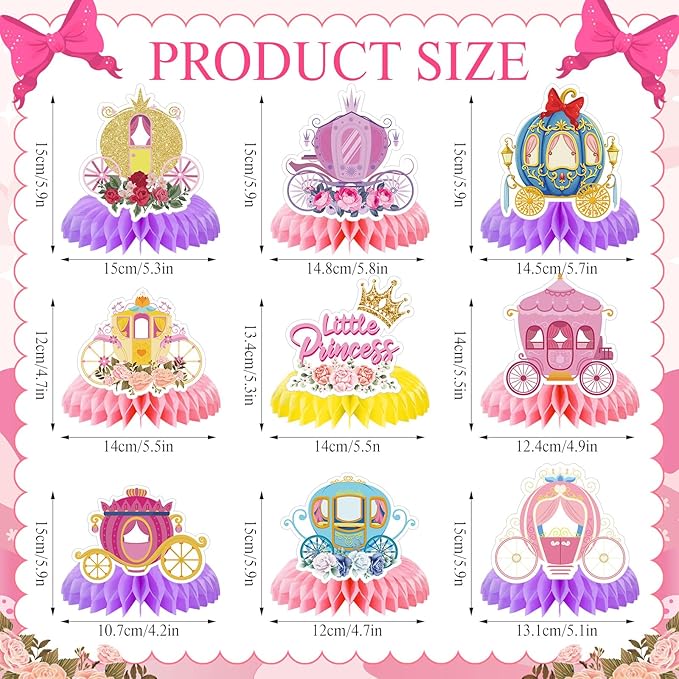 9 Pcs Princess Carriage Party Honeycomb Centerpieces 3D Cardboard Floral Princess Table Centerpieces Carriage Birthday Party Decorations Table Topper for Girls Birthday Baby Shower Party Supplies