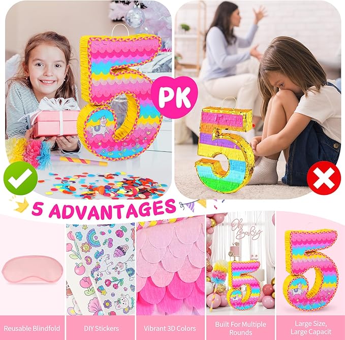 Number 5 Pinata for Birthday Party Decorations, Unicorn Mermaid Theme Pink Piñata Games Toy (5th)