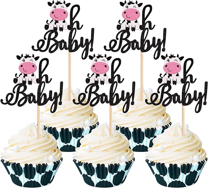 24 PCS Cow Oh Baby Cupcake Toppers Glitter Farm Animals Oh Baby Cow Cupcake Picks Gender Reveal Theme Baby Shower Kids Boys Girls Birthday Party Cake Decorations Supplies