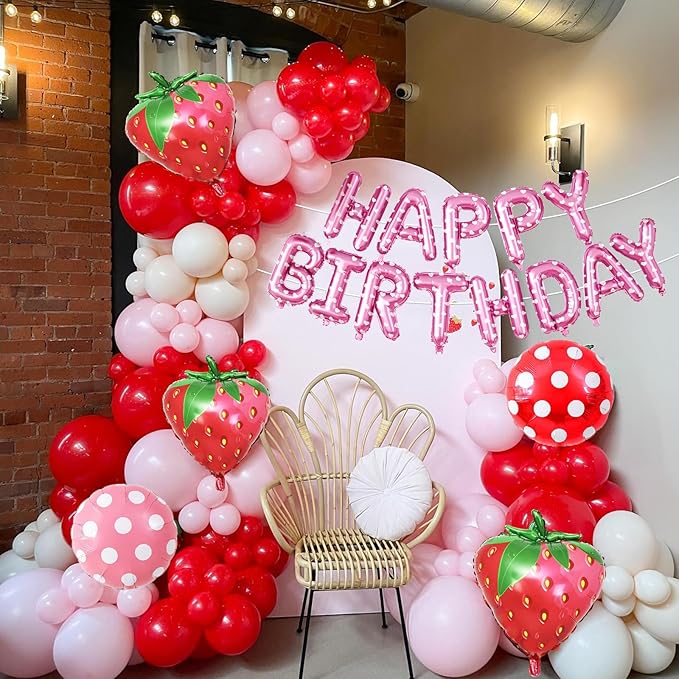 29PC Strawberry Happy Birthday Balloon Banner, 16Inch 3D Aluminum Letter Banner Sign, Red Hot Pastel Pink Printed Balloons 18 Inch Round Dot Foil Balloon for Fruit Strawberry Party Decoration