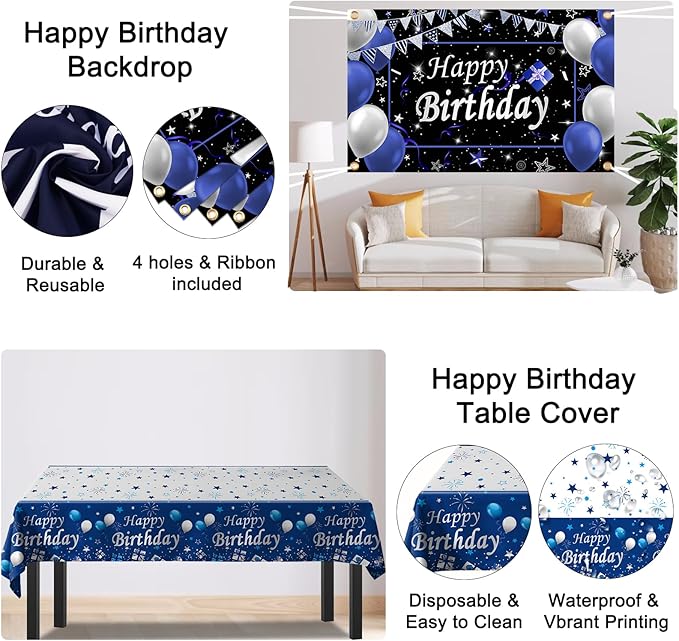 Black and Blue Birthday Decorations for Men Boys Women Girls, 75 PCS Blue and Silver Party Decorations Happy Birthday Backdrop Banner Blue Black Silver Confetti Star Balloons Arch Tablecloth