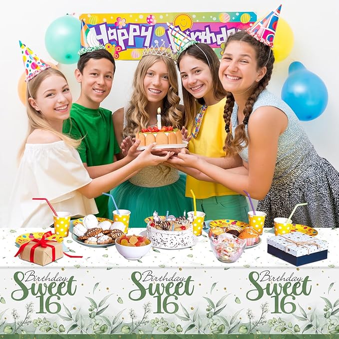 PATIAI Sweet 16 Party Decorations 3Pack Sweet 16th Tablecloths Sage Green 16th Birthday Disposable Plastic Rectangle Table Cover for Her Birthday Party Supplies 71 x 43 Inches