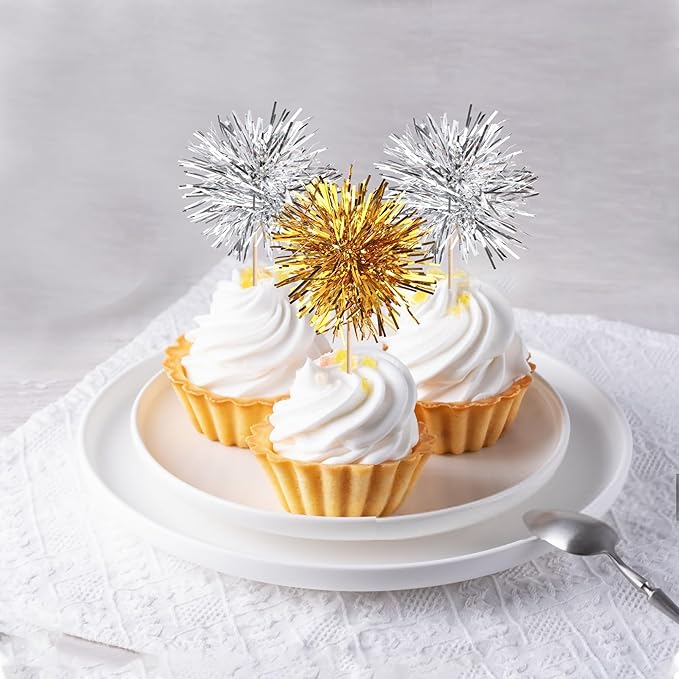 40 PCS Foil Firework Cupcake Toppers Sparkle Tinsel Cupcakae Picks Foil Firework Party Decorations Cocktail Fruit Toothpick for Fireworks Theme Birthday Wedding Graduation Party Decoration Gold Silver