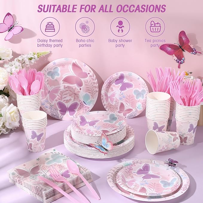 350 Pcs Butterfly Party Supplies Tableware Set Disposable 9'' 7'' Paper Plates 9 oz Cups Cutlery Napkins Dinnerware Set for 1st Birthday, Serve 50 (Butterfly, Purple, Pink)
