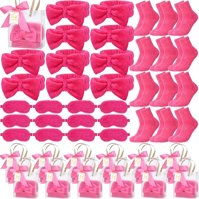 48 Pcs Spa Sleepover Party Supplies 12 Bow Headband 12 Plush Sleep Eye Mask Covers 12 Pair Fuzzy Sock 12 Gift Bags for Sleeping Sleepover Slumber Baby Shower Wedding Party Gift(Rose Red)