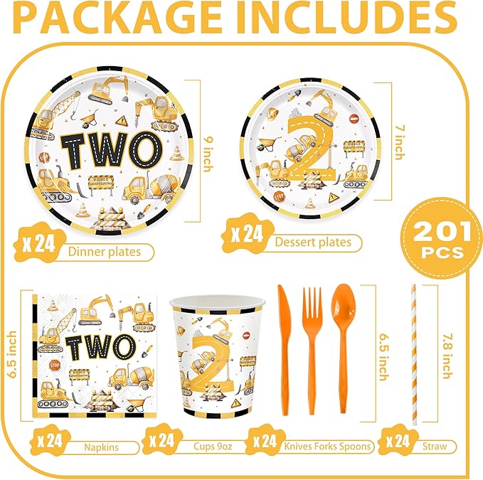 201pcs Construction 2nd Birthday Party Decorations 2nd Plates Napkins Tableware Set Disposable Paper Cup Banner Hanging Swirl Tablecloth for Boys Construction Two Years Old Party Supplies Serves 24