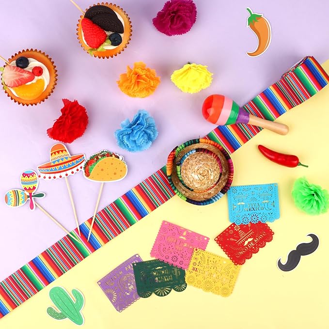 Hooqict 33Pcs Fiesta Cake Decorations Set with Mini Papel Picado Banner, Serape Ribbon, Cactus, Taco and Flower Mexican Cake Toppers & Cupcake Toppers for Cinco de Mayo Mexican Theme Party Decorations