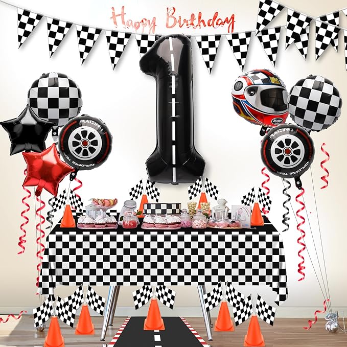 Windspeed Traffic Cones And Racing Checkered Flags, Race Car Party Decorations Include 24P Hand Held Checkered Flag 12P Mini Traffic Cones, Racetrack Floor Running, Hanging Racing Flags, Balloons, Tablecloth