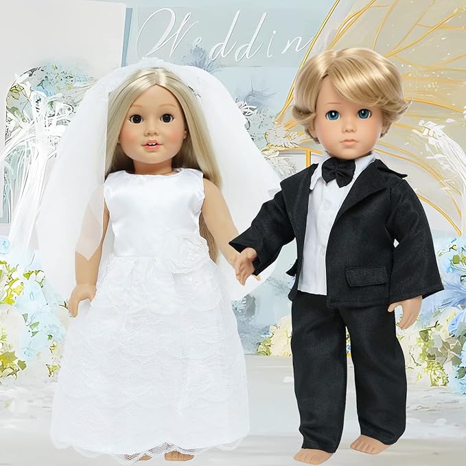18 Inch Doll Clothes Accessories Wedding Set, Bride Wedding Dress and Groom Suit Outfit, Veil, Bow Tie for American 18 Inch Doll Girl Boy Ball Party