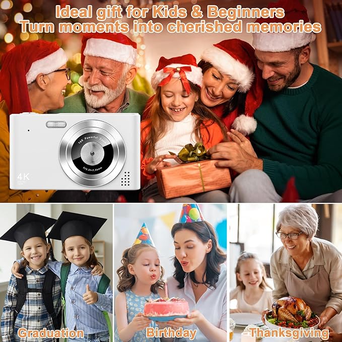 aycy Point and Shoot Digital Camera for Kids, UHD 4K 48MP with 64GB SD Card and 16X Digital Zoom Anti Shake, Compact Portable Small Gift for Students, Ivory White