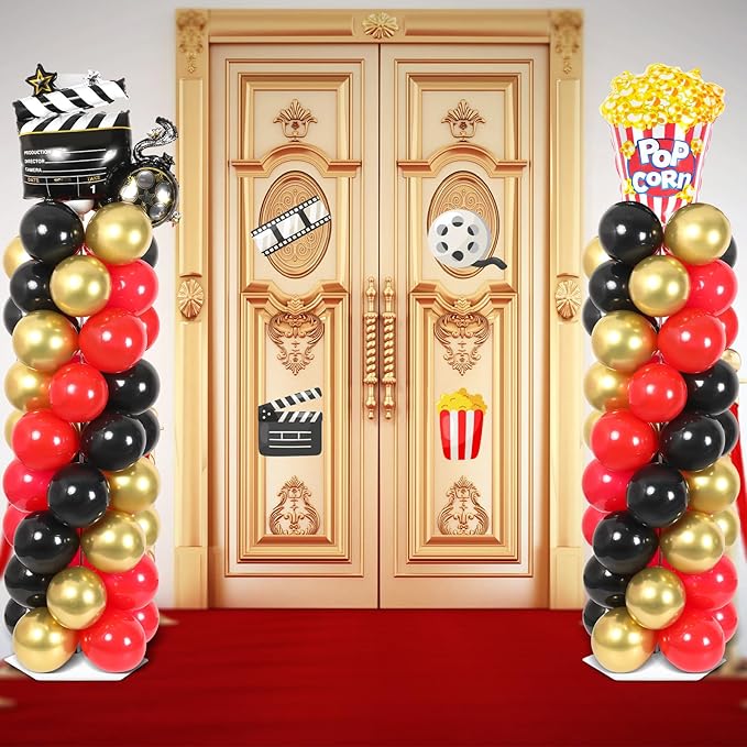 2 Sets Movie Night Balloon Column Stand Kit With 102 Popcorn Clapboard Foil Balloons 5.57ft Adjustable Tower Stand With Base Adjustable Arch Column for Camera Film Movie Birthday Party Supplies