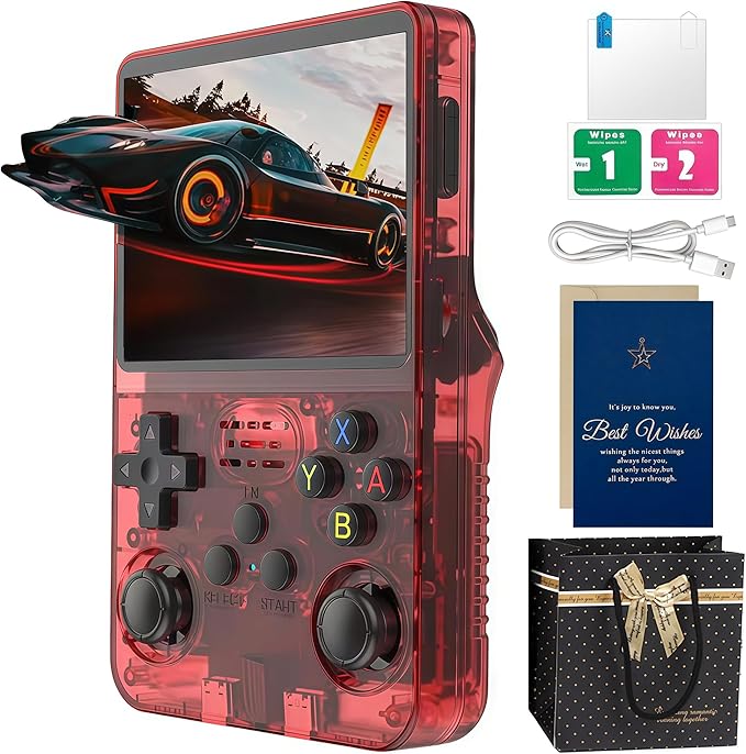 R36s Handheld Game Console Christmas Set (with Christmas Card & Bag) | 3.5 Inch IPS,128GB TF Card,21000+ Retro Games | Ready-to-Give Present for Adults (Red Gift Set)