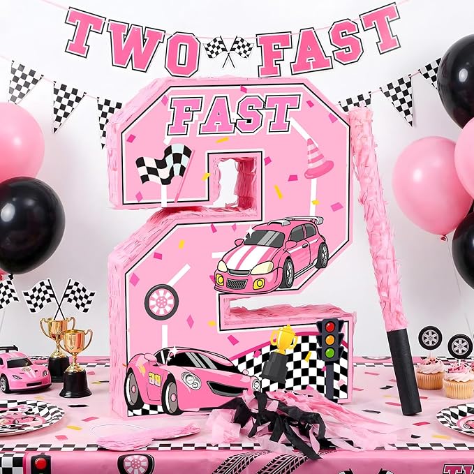 Number 2 Piñata Pink Race Car Party Decorations Racing Cars Pull String Piñata 2 with Stick Blindfold Checkered Wheel Pink Two Fast Birthday Decorations Girl Let's Go Racing Party Supplies