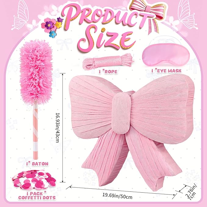 Pink Bow Piñata - Pink Pinata with Blindfold, Bat, Rope for Princess Party Supplies, Girls Kids Birthday Party Decorations