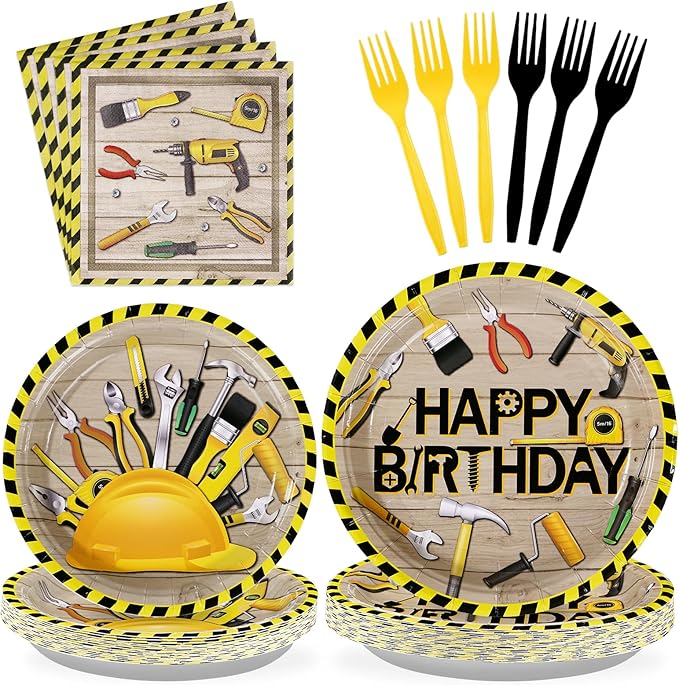 Grencian 96 PCS Handyman Tools Party Supplies Handyman Tools Party Plates 350GSM Disposable Handyman Tools Birthday Tableware Set for Little Builder Carpentry Construction Birthday Party, Serves 24