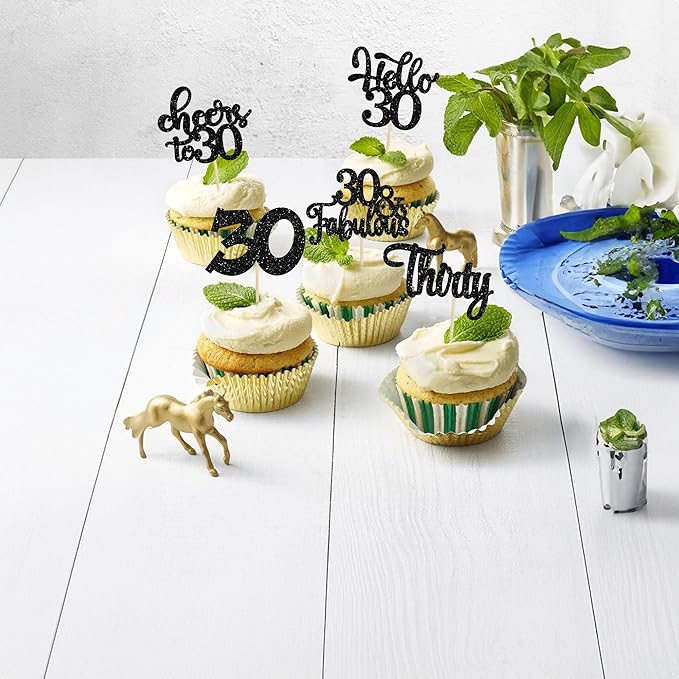 30Pcs Happy 30th Birthday Cupcake Toppers Black Glitter Thirty Cheers to 30 Birthday Cupcake Picks for Happy 30th Birthday Anniversary Party Cake Decorations Supplies