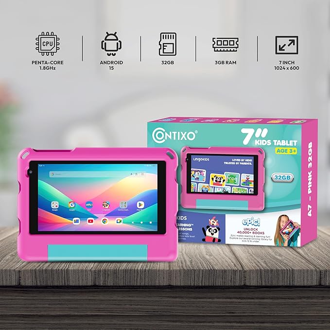 Contixo A7 Kids Tablet with 14 Apps, Lingokids & Epic, 7" HD Screen, Android 15, Parental Controls, WiFi, 3+32GB Storage, al Tablet for Kids Ages 3-12, Boys & Girls Gift, Pink