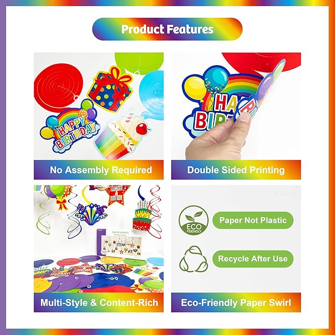 Colorful Birthday Hanging Swirl Decorations, 36ct Paper Ceiling Decor Set with Cutouts of Cakes, Gifts, Balloons & Stars, Vibrant Paper Party Supplies for Birthday Decor & Celebration Themes
