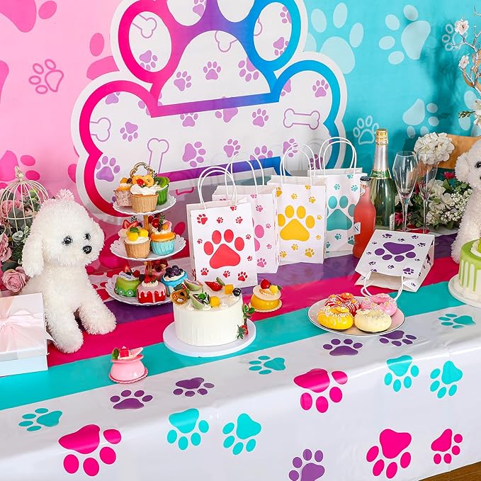 Newwiee 3 Pcs Puppy Paw Print Tablecloth Plastic Disposable Colorful Table Cover Dog Table Cloth Paw Print Party Supplies for Dog Pet Themed Party Decorations Supplies Favors, 51 x 108''