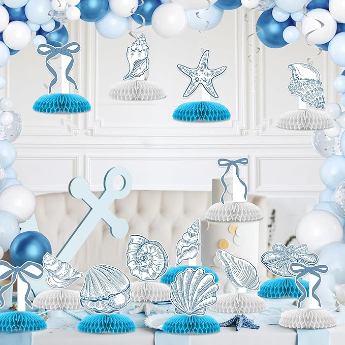 14 Pcs Summer Seashells Party Table Decorations, Ocean Happy Birthday Honeycomb Centerpieces, Party Supplies Birthday Decorations Blue Bow Starfish Seashells for Women Men Baby Shower