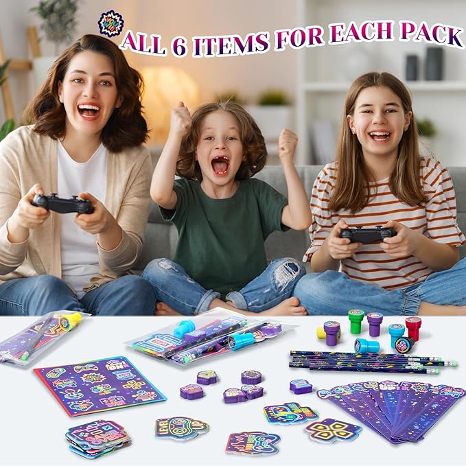 Cholemy 168 Pcs Video Game Party Favors Include Gaming Mini Notebook Gamer Birthday Sticker Pencil Stamper Ruler Eraser for Boy Teen Game Gifts Classroom Rewards Favor Party Supplies Decor (Cool)