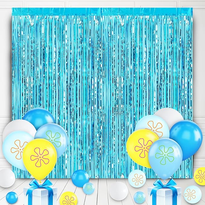 22Pcs Cartoon Baby Birthday Decorations, Aquamarine 3.3x8.2ft Tinsel Foil Fringe Curtains Banner and Cute Flowers Bubbles Balloons for Cute Theme Party Decorations Boys and Girls Party Supplies