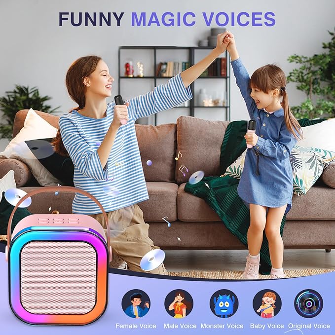 Mini Karaoke Machine for Kids Ages 2-12, Portable Wireless Karaoke Speaker with LED Party Lights & 2 Wireless Microphones, Perfect Birthday & Holiday Toys Gifts for Girls Boys（K12-Pink）
