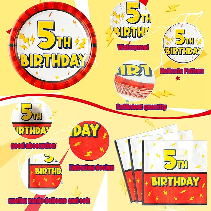 5th Birthday Party Supplies - 96pcs Paper Plates Napkins Plastic Forks Kids Girls Boys Little Birthday Party Table Decorations Lighting Themed Disposable Cake Tableware Set for 24 Guests