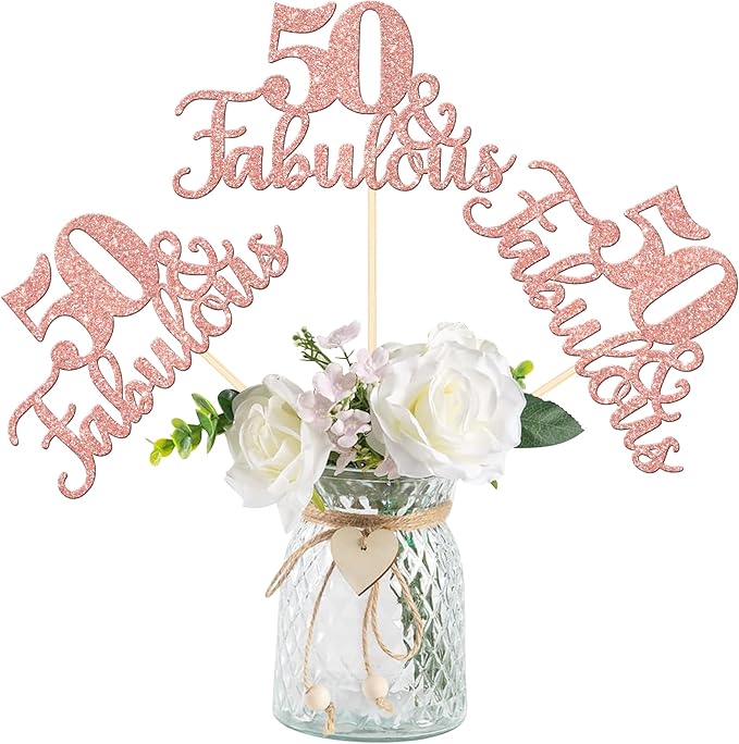 12 PCS 50 and Fabulous Centerpiece Sticks Double Sided Happy 50th Birthday Table Flower Centerpieces Sticks Cheers to 50 Floral Decorations for 50th Birthday Anniversary Party Supplies Rose Gold