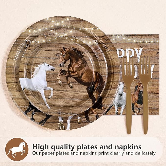 96Pcs Horse Birthday Decorations Racing Horse Plates and Napkins White Brown Black Horses Birthday Decorations Favors for Cowboys Cowgirls Western Theme Bday Baby Shower Party Supplies Serves 24