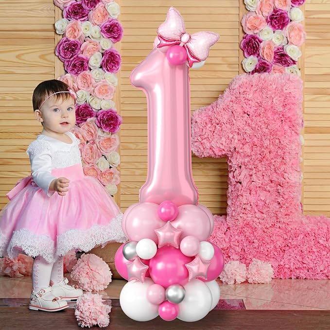 40 Inch Pink Number 1 Balloon for 1st Birthday Decorations Pastel Baby Pink Number One Foil Balloon Tower Giant Large Digit Hot Pink White Helium Balloons Stack for Girls First Anniversary Party