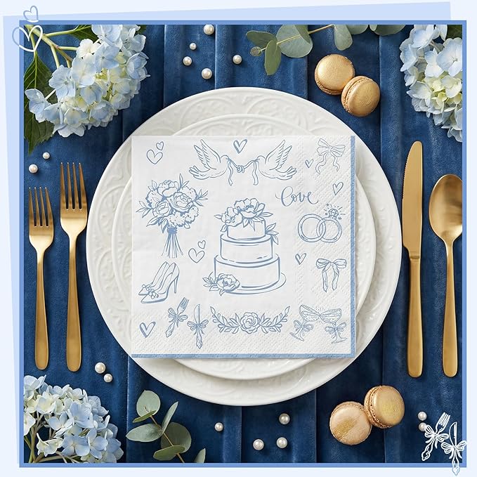 100 Pcs Wedding Napkins, Blue and White Engagement Cocktail Napkins Something Blue Bridal Shower Napkin for Bachelorette Party, Wedding, Bridal Shower