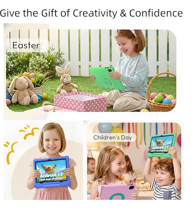 Kids Tablet: 10 Inch Android 15 Tablet for Kids, 64GB Octa-Core 6000mAh Battery, WiFi 6, Pre-Installed Kids Apps, Parental Control with EVA Protective Case - Ideal Gift for Toddler, Green