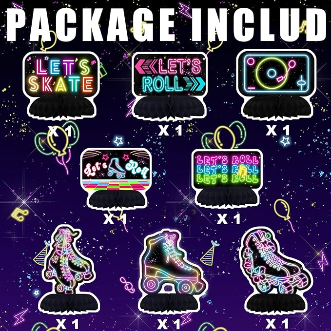Roller Skating Party Centerpiece Set - Skating Honeycomb Birthday Decorations and Roller Skating Table Toppers for Kids' Skating-Themed Birthday and Baby Shower Table Decor