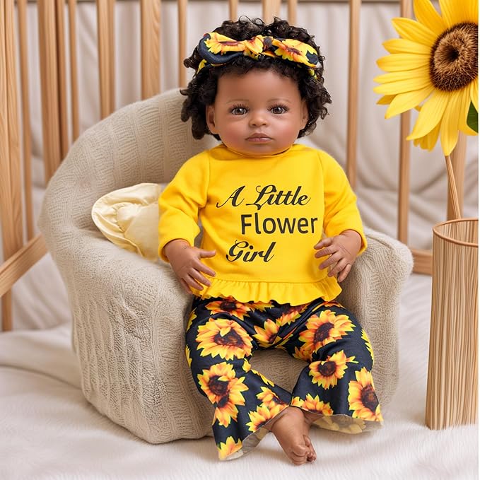 BABESIDE 3 Pcs Reborn Baby Doll Clothes Set for 17-22 Inch Babydolls, Sunflower Baby Dolls Clothes with Headband for Realistic Baby Doll Accessories