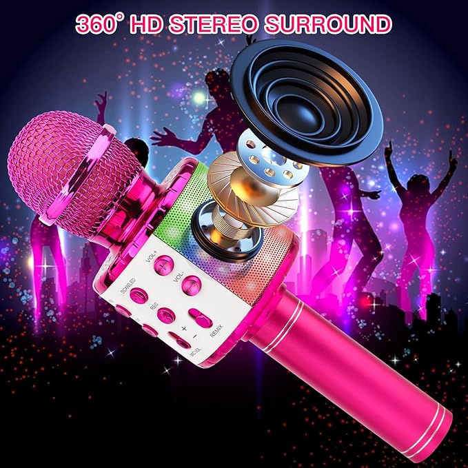 ShinePick Karaoke Microphone, 4 in 1 Wireless Microphone with LED Lights Handheld Portable Karaoke Machine, Home KTV Player, Compatible with Android & iOS Devices(Purple)