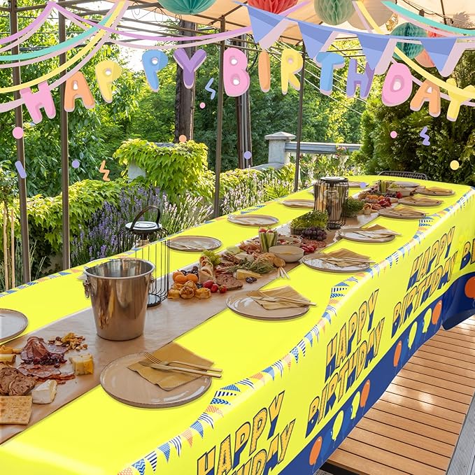 Oudain 2 Sheets Yellow Birthday Party Supplies Yellow Cartoon Tablecloth 54 x 108 Inch Plastic Table Covers for Birthday Party Decorations