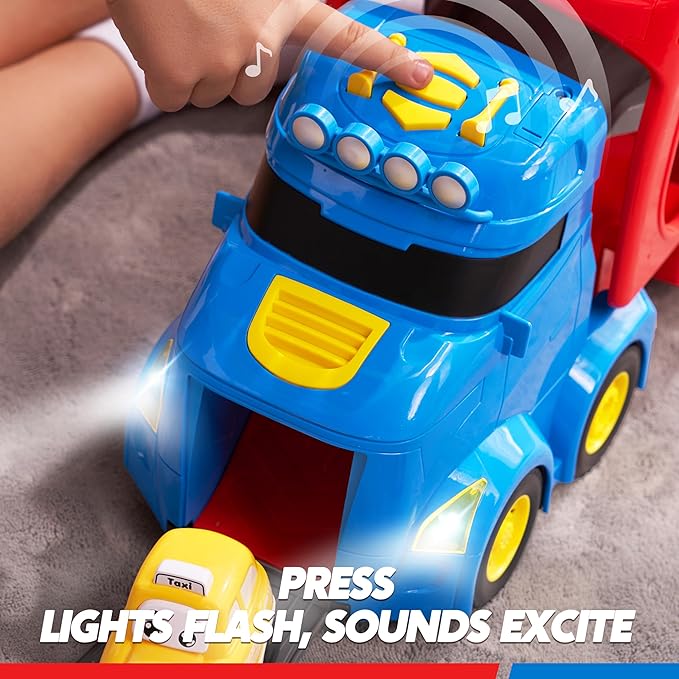 JOVA Extra Large Toy Trucks for Toddlers, 3-Layer City Trucks for Kids, 7-in-1 Big Transport Carrier Truck with Siren & Lights and 6 Toy Cars, Birthday Gifts for Boys