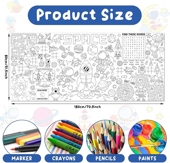 Naozinebi Outer Space Giant Coloring Poster Large Coloring Tablecloth Big Paper Sheet Page Solar System Table Cloth DIY Activity Game Art Crafts Mat Wall Home Party Decoration Supplies