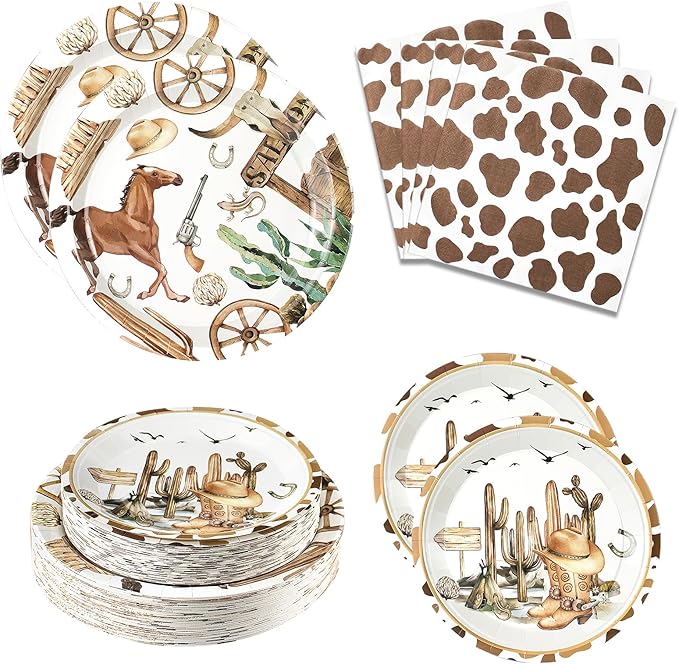 180PCS Cowboy Party Supplies Serve 60, Western Party Paper Plates and Napkins Kit for Wild West Cowboy Rodeo Birthday Baby Shower Decorations, Includes Dinner Plates, Dessert Plates, Napkins
