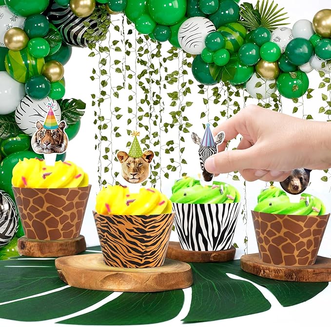 Hxezoc 48 Pack Safari Animals Party Cupcake Toppers and Wrappers, Jungle Animal Cake Decoration for Wild Theme Birthday Parties