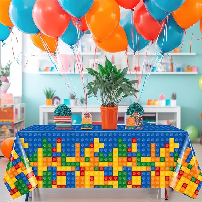 Oudain 4 Pcs Building Block Tablecloths Colorful Building Blocks Birthday Party Decorations 54 x 108 Inch Disposable Plastic Brick Table Cover Waterproof Brick Themed Party Supplies (Yellow,Blue)