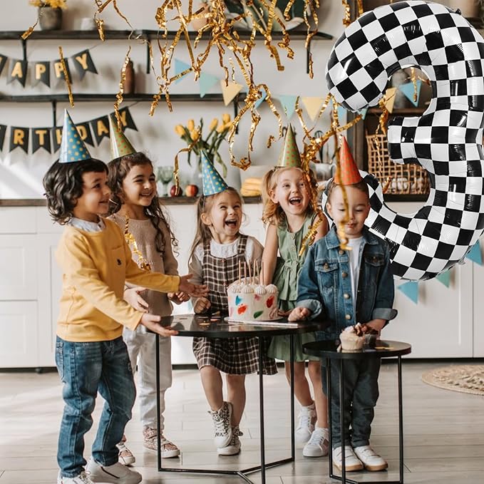 TONIFUL 40 Inch Checkered Number 3 Balloon 3rd Race Car Birthday Party Supplies Black and White Large Number Balloon for Girls Boys 3rd Birthday Fast Race Car Flag Party Decorations