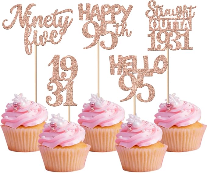 30PCS 95th Birthday Cupcake Toppers Glitter Nighty Five Happy 95 Straight Outta 1931 Cupcake Picks for Cheers to 95 Fabulous 95th Birthday Anniversary Party Cake Decorations Supplies Rose Gold